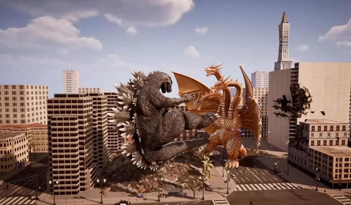Offizielles Gameplay-Motiv zu Godzilla: Destroy All Monsters Melee Remastered mit riesigen Kaiju, darunter Godzilla und King Ghidorah, im Kampf zwischen Hochhäusern einer Großstadt.