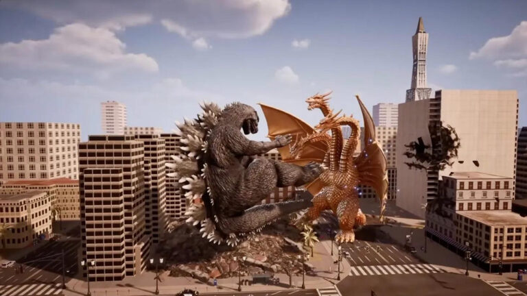 Offizielles Gameplay-Motiv zu Godzilla: Destroy All Monsters Melee Remastered mit riesigen Kaiju, darunter Godzilla und King Ghidorah, im Kampf zwischen Hochhäusern einer Großstadt.