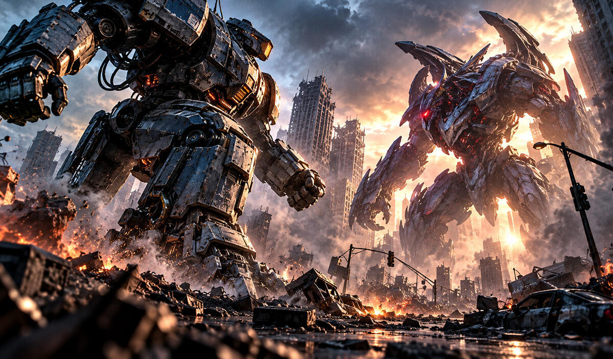 KI-generierte Science-Fiction-Illustration zu Grandgear. Zwei gigantische Kampfroboter stehen sich in einer zerstörten Großstadt gegenüber. Links erhebt sich ein schwer gepanzerter grauer Mech mit orange glühenden Maschinenteilen. Rechts lauert eine fremdartige, stachelbewehrte Kriegsmaschine mit rot leuchtenden Augen. Zwischen brennenden Autowracks und Hochhausruinen steigen Rauch und Staub auf.