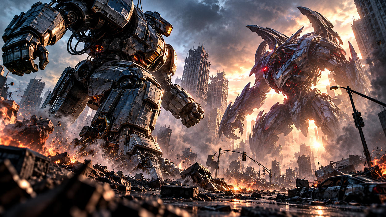 KI-generierte Science-Fiction-Illustration zu Grandgear. Zwei gigantische Kampfroboter stehen sich in einer zerstörten Großstadt gegenüber. Links erhebt sich ein schwer gepanzerter grauer Mech mit orange glühenden Maschinenteilen. Rechts lauert eine fremdartige, stachelbewehrte Kriegsmaschine mit rot leuchtenden Augen. Zwischen brennenden Autowracks und Hochhausruinen steigen Rauch und Staub auf.