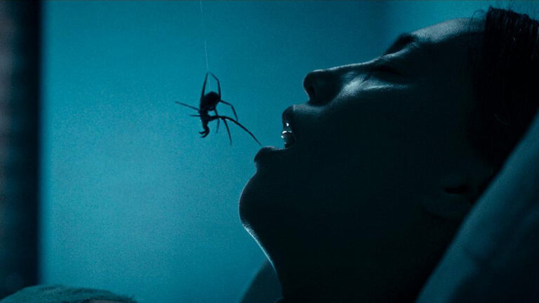 Düstere Filmszene aus Crawlers: Eine große schwarze Spinne hängt an einem dünnen Faden unmittelbar über dem geöffneten Mund eines auf dem Rücken liegenden Menschen. Kaltes, türkisblaues Licht taucht die bedrohliche Begegnung in eine unheimliche Atmosphäre.