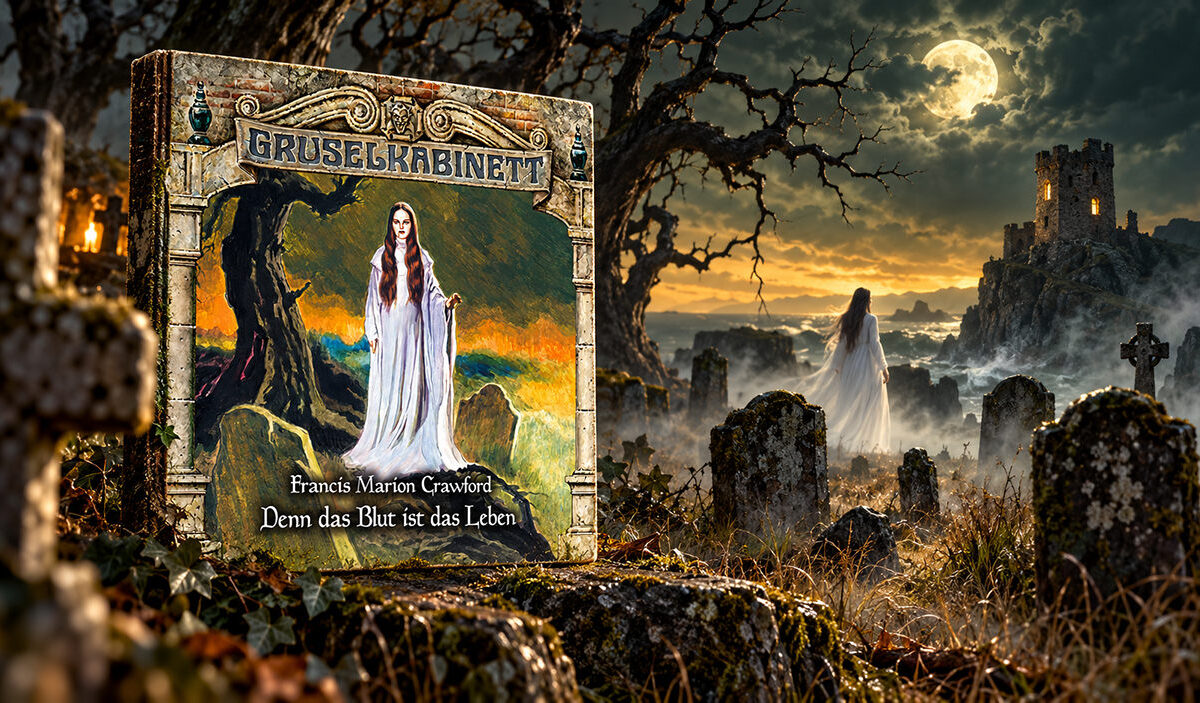 Atmosphärische Horrorillustration mit dem Originalcover von Gruselkabinett 160 auf einem verwitterten Steinsockel. Daneben steht eine geheimnisvolle Frau im weißen Gewand zwischen alten Grabsteinen. Ein knorriger Baum, ein mondbeschienener Turm auf einem Küstenfelsen und aufsteigender Nebel prägen die nächtliche Landschaft.