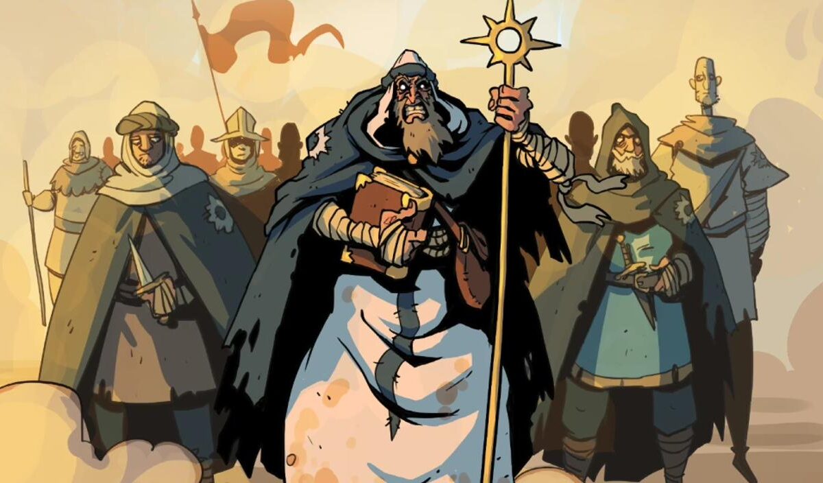 Eine Gruppe unterschiedlich gekleideter Fantasyfiguren marschiert in einer stilisierten Illustration voran, angeführt von einem bärtigen Mann mit Buch und Sonnenstab.