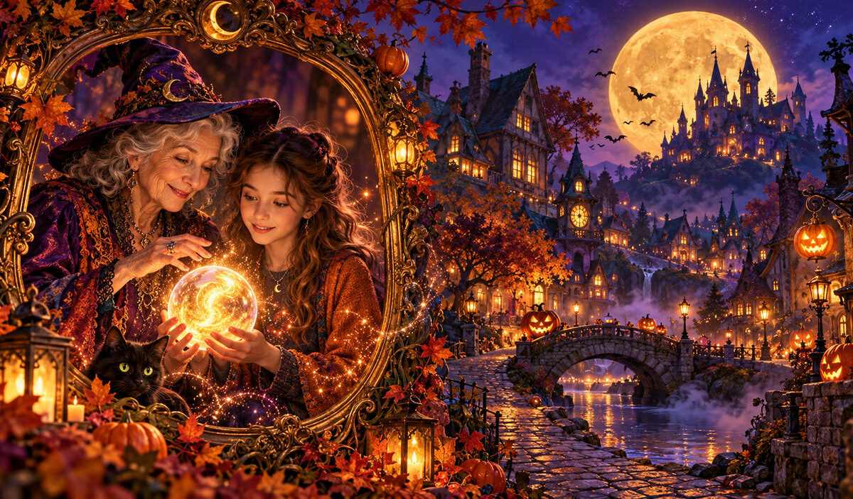 Magische Halloween-Szene mit einer älteren Hexe und einem Mädchen, die eine leuchtende Kristallkugel halten. Im Hintergrund liegt eine verwunschene Kürbisstadt mit Brücke, Fachwerkhäusern und großem Vollmond.
