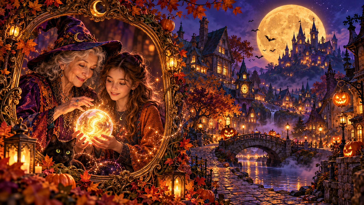 Magische Halloween-Szene mit einer älteren Hexe und einem Mädchen, die eine leuchtende Kristallkugel halten. Im Hintergrund liegt eine verwunschene Kürbisstadt mit Brücke, Fachwerkhäusern und großem Vollmond.