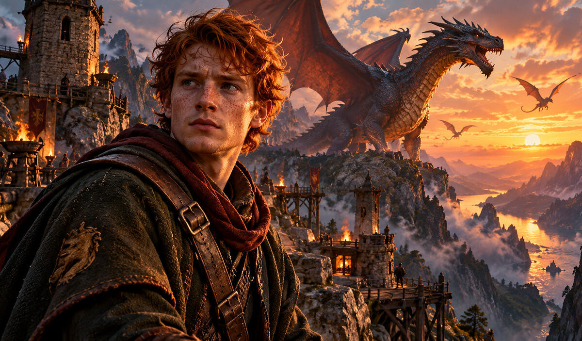 KI-generierte Fantasyillustration eines jungen rothaarigen Drachenhüters, inspiriert von Charlie Weasley aus Harry Potter. Der sommersprossige Mann trägt einen dunklen Umhang und lederne Schutzkleidung. Hinter ihm erhebt sich ein gewaltiger schwarzer Drache auf einem Felsen. Ein steinernes Drachenreservat mit Türmen und Brücken liegt in einer zerklüfteten Berglandschaft im goldenen Licht des Sonnenuntergangs.