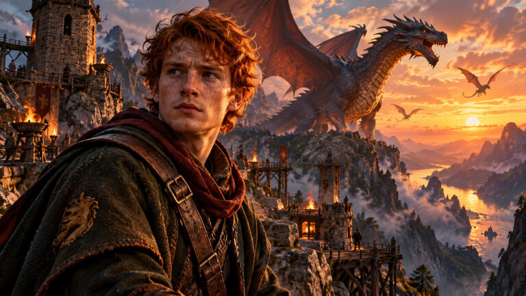 KI-generierte Fantasyillustration eines jungen rothaarigen Drachenhüters, inspiriert von Charlie Weasley aus Harry Potter. Der sommersprossige Mann trägt einen dunklen Umhang und lederne Schutzkleidung. Hinter ihm erhebt sich ein gewaltiger schwarzer Drache auf einem Felsen. Ein steinernes Drachenreservat mit Türmen und Brücken liegt in einer zerklüfteten Berglandschaft im goldenen Licht des Sonnenuntergangs.