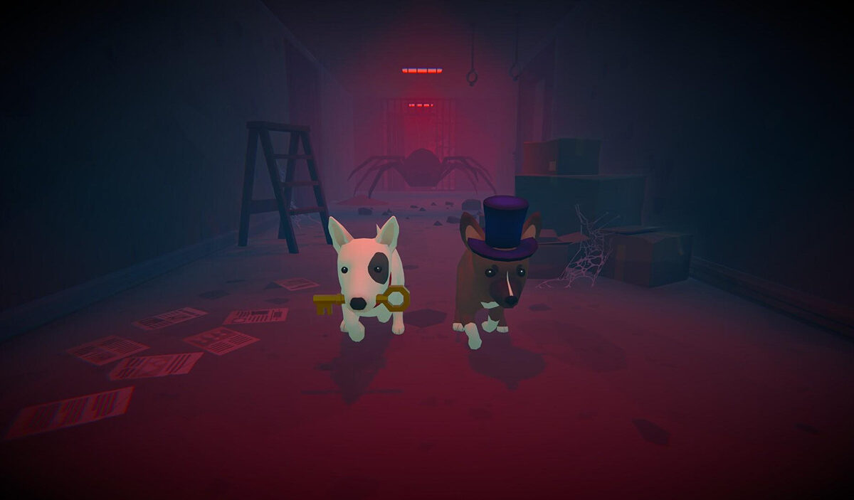 Gameplay-Screenshot aus Haunted Paws: Zwei kleine Hunde laufen durch einen düsteren Flur eines Geisterhauses. Einer trägt einen goldenen Schlüssel im Maul, der andere einen violetten Zylinder. Im Hintergrund lauert eine riesige Spinne im roten Nebel.