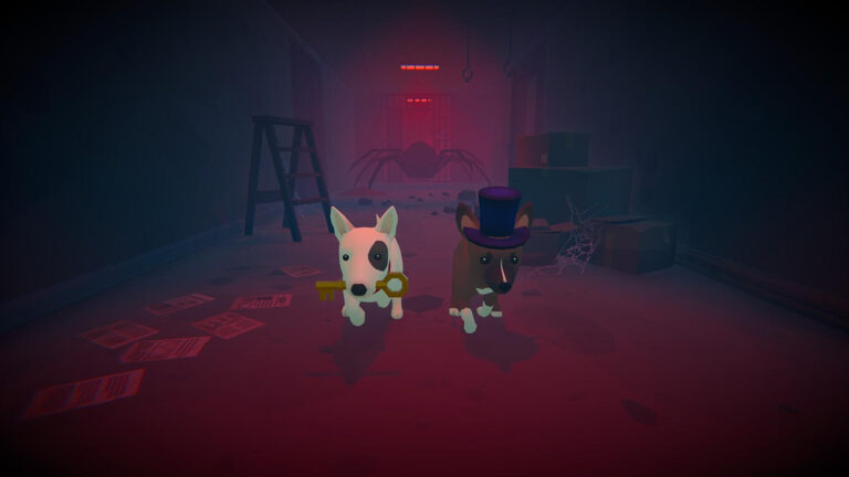 Gameplay-Screenshot aus Haunted Paws: Zwei kleine Hunde laufen durch einen düsteren Flur eines Geisterhauses. Einer trägt einen goldenen Schlüssel im Maul, der andere einen violetten Zylinder. Im Hintergrund lauert eine riesige Spinne im roten Nebel.