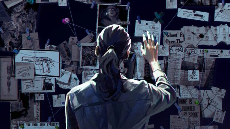 Ermittler steht vor einer Wand voller Fotos, Karten, Notizen und verbundener Hinweise im Pen-and-Paper-Rollenspiel Haunted.