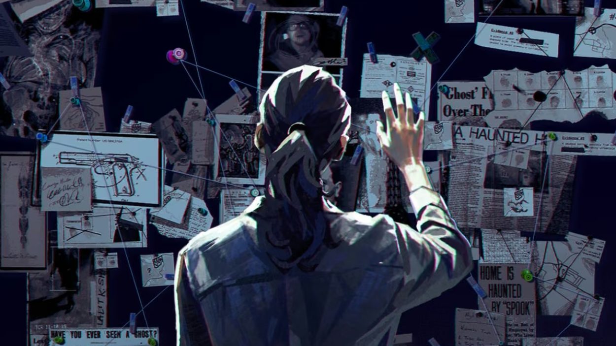 Ermittler steht vor einer Wand voller Fotos, Karten, Notizen und verbundener Hinweise im Pen-and-Paper-Rollenspiel Haunted.