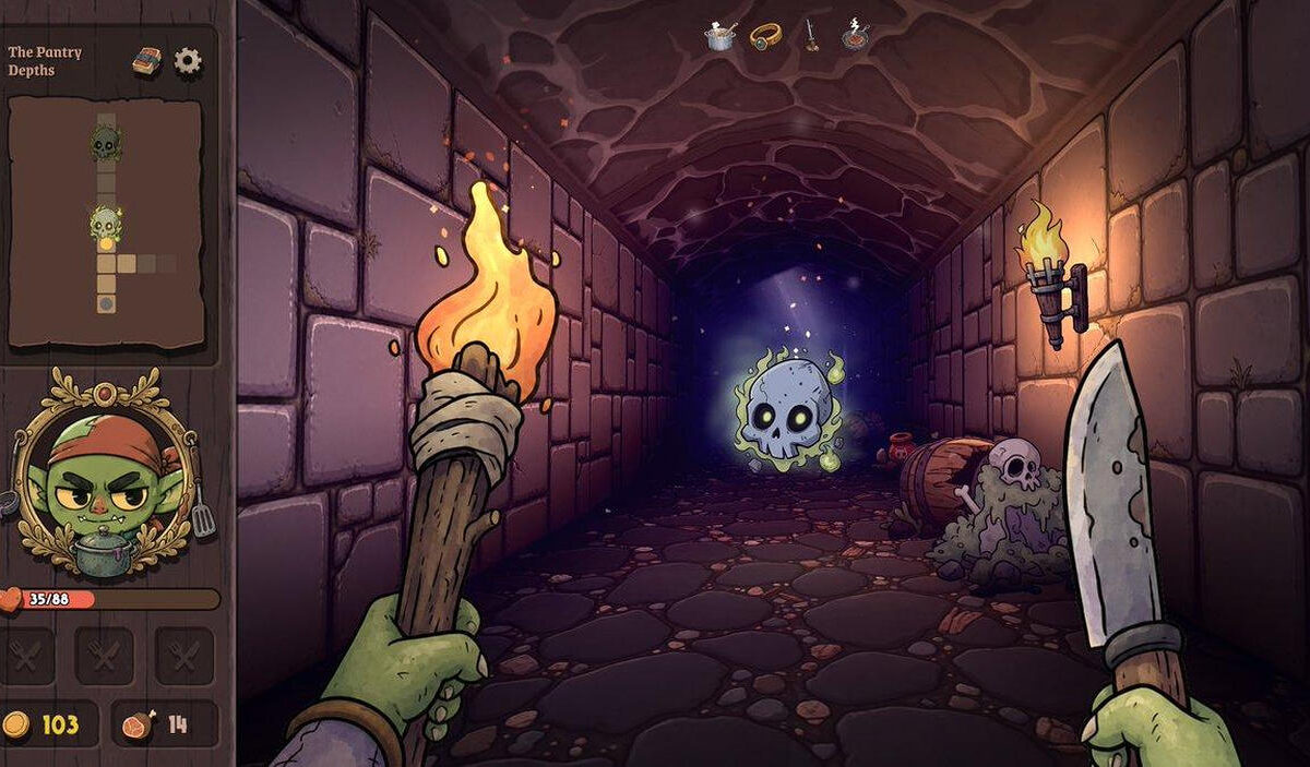 Offizielles Spielmotiv aus Heart Light: Knight of the Gnomes mit handgezeichneter Fantasygrafik, die das märchenhafte Gnomenreich und die geheimnisvolle Atmosphäre des Dungeon-Crawlers vermittelt.