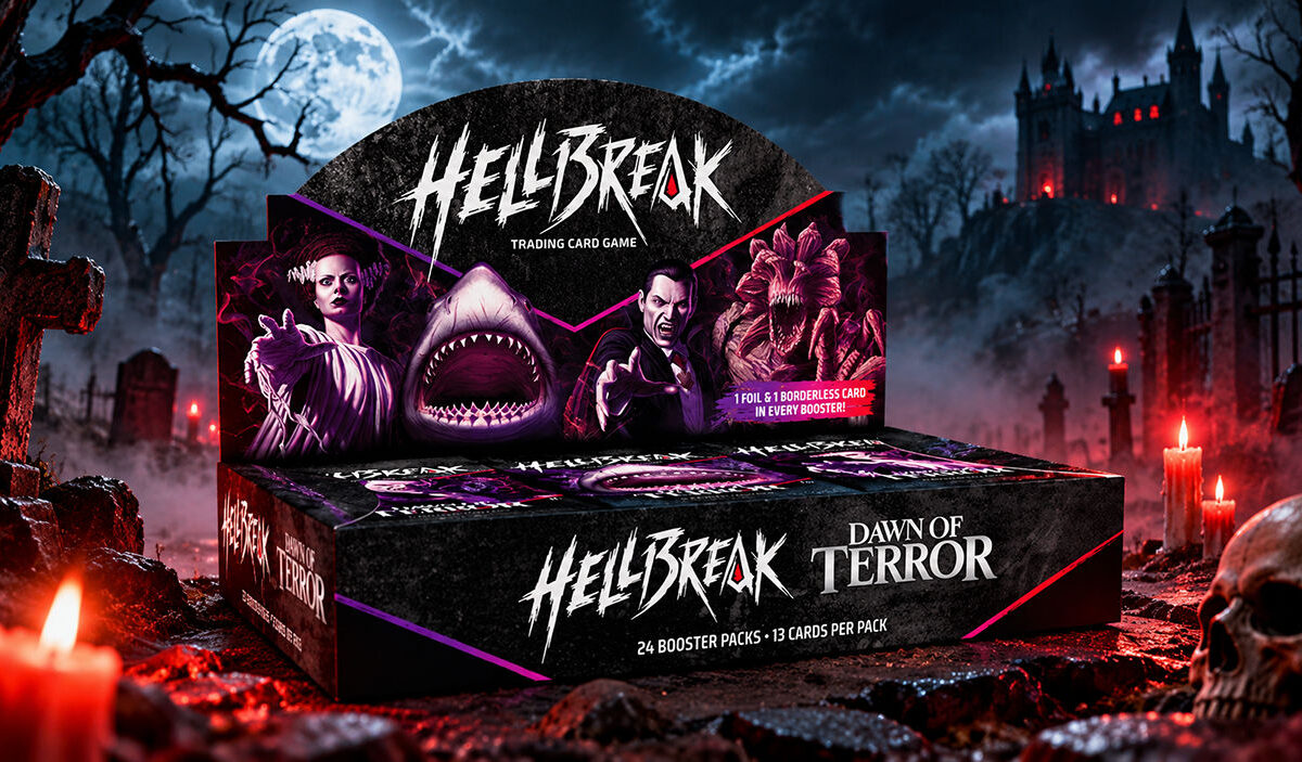 Die Booster-Displaybox des Horror-Sammelkartenspiels Hellbreak: Dawn of Terror mit Dracula, Frankensteins Braut, dem Weißen Hai und einer Monsterkreatur. Im Hintergrund liegen ein nebliger Friedhof, ein gotisches Schloss und ein großer Vollmond. Rote Kerzen beleuchten die Szene.