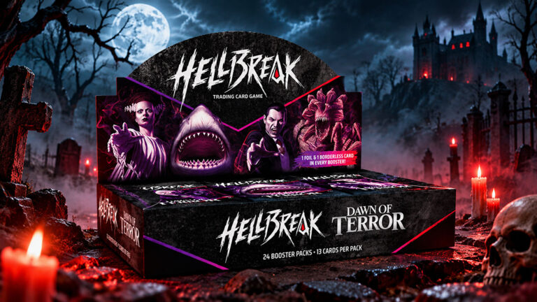 Die Booster-Displaybox des Horror-Sammelkartenspiels Hellbreak: Dawn of Terror mit Dracula, Frankensteins Braut, dem Weißen Hai und einer Monsterkreatur. Im Hintergrund liegen ein nebliger Friedhof, ein gotisches Schloss und ein großer Vollmond. Rote Kerzen beleuchten die Szene.
