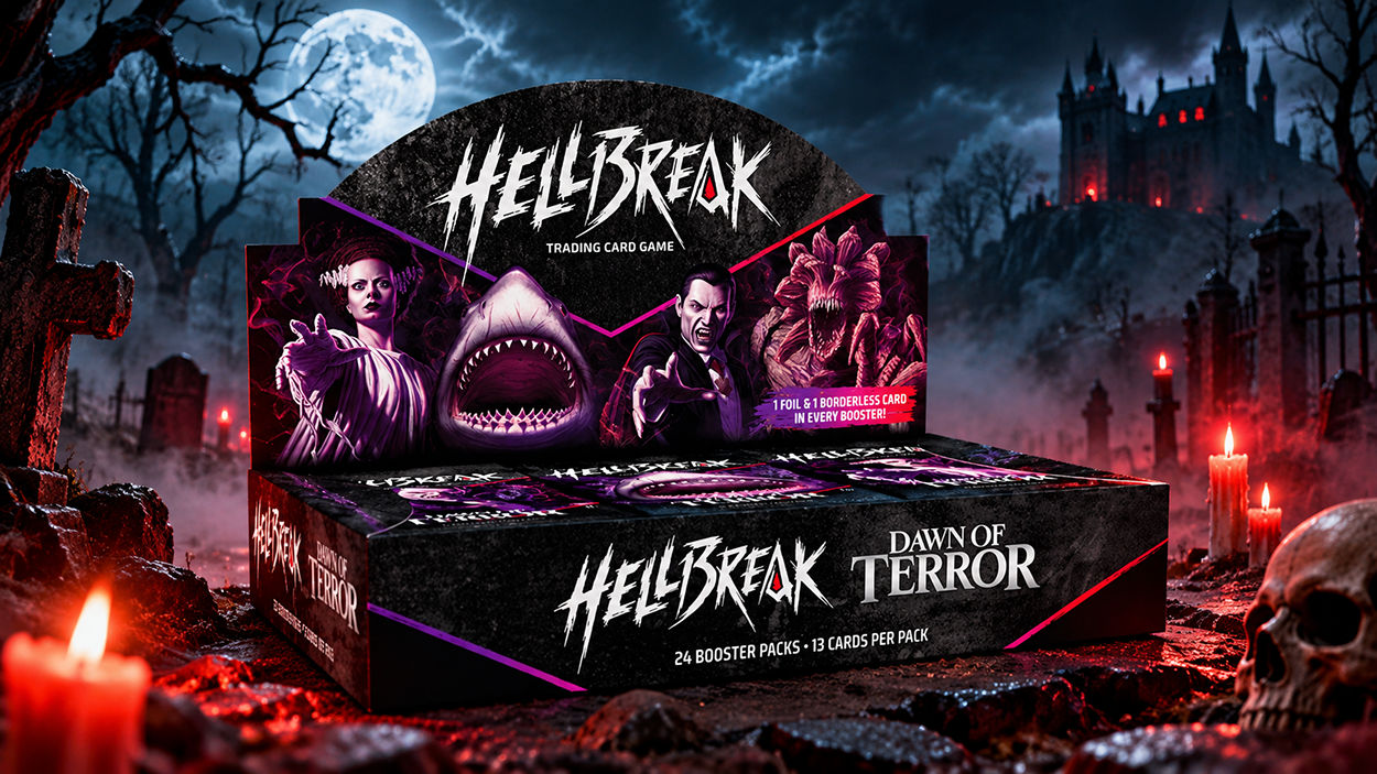 Die Booster-Displaybox des Horror-Sammelkartenspiels Hellbreak: Dawn of Terror mit Dracula, Frankensteins Braut, dem Weißen Hai und einer Monsterkreatur. Im Hintergrund liegen ein nebliger Friedhof, ein gotisches Schloss und ein großer Vollmond. Rote Kerzen beleuchten die Szene.