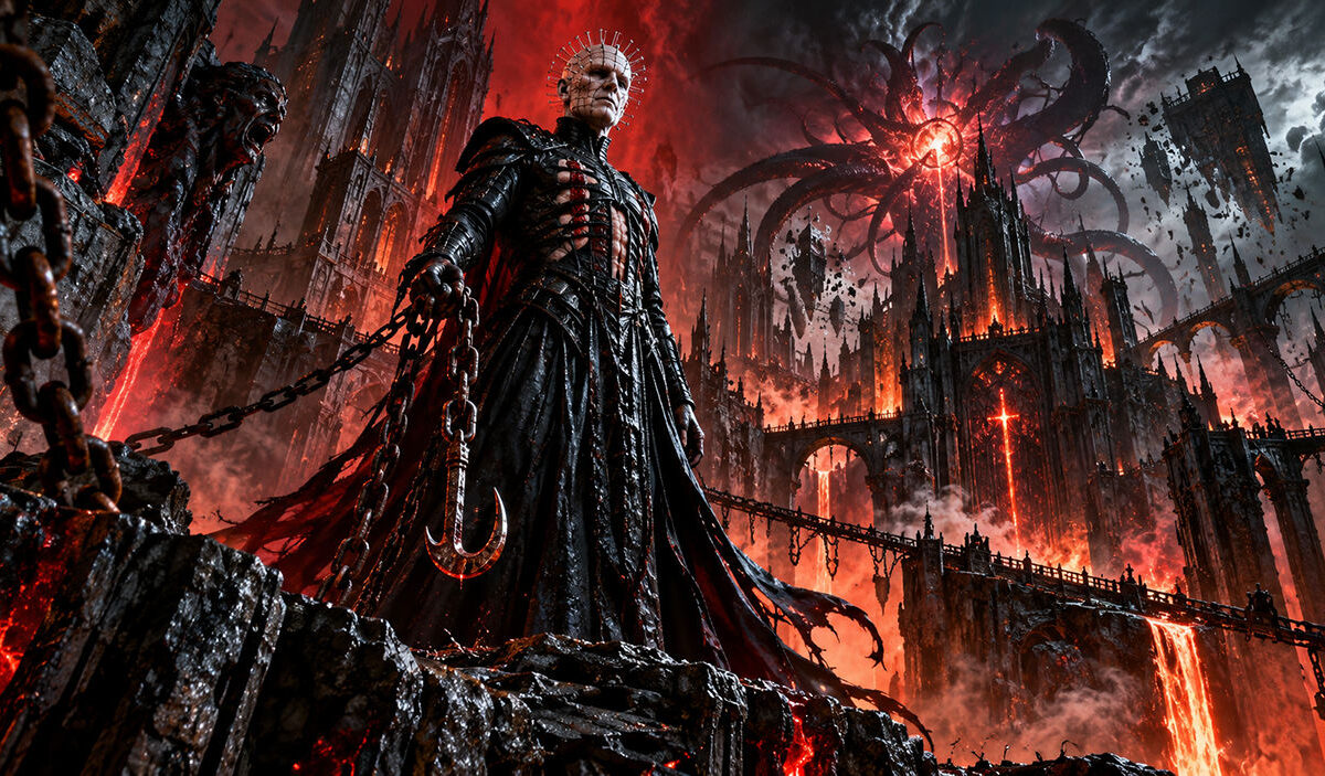 Pinhead aus Hellraiser steht in seinem schwarzen Gewand auf einer zerbrochenen Steinplattform. Hinter ihm versinkt eine gewaltige gotische Höllenstadt in Flammen und Dunkelheit, während riesige Schattenwesen die Unterwelt angreifen.