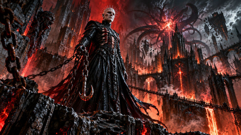 Pinhead aus Hellraiser steht in seinem schwarzen Gewand auf einer zerbrochenen Steinplattform. Hinter ihm versinkt eine gewaltige gotische Höllenstadt in Flammen und Dunkelheit, während riesige Schattenwesen die Unterwelt angreifen.
