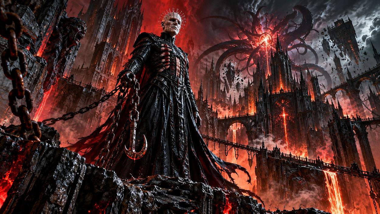 Pinhead aus Hellraiser steht in seinem schwarzen Gewand auf einer zerbrochenen Steinplattform. Hinter ihm versinkt eine gewaltige gotische Höllenstadt in Flammen und Dunkelheit, während riesige Schattenwesen die Unterwelt angreifen.
