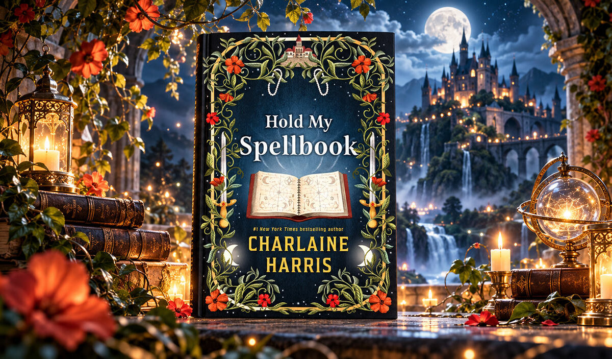 Das Buchcover von Hold My Spellbook von Charlaine Harris steht in einer magischen Fantasylandschaft mit leuchtenden Kerzen, alten Zauberbüchern, Blumenranken und einem märchenhaften Schloss im Mondschein.