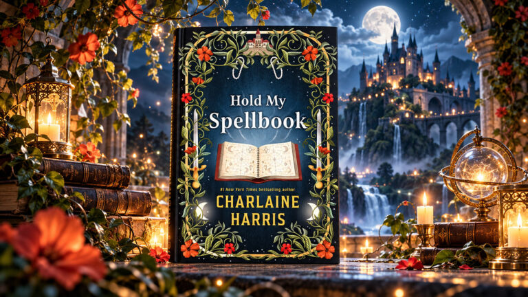Das Buchcover von Hold My Spellbook von Charlaine Harris steht in einer magischen Fantasylandschaft mit leuchtenden Kerzen, alten Zauberbüchern, Blumenranken und einem märchenhaften Schloss im Mondschein.