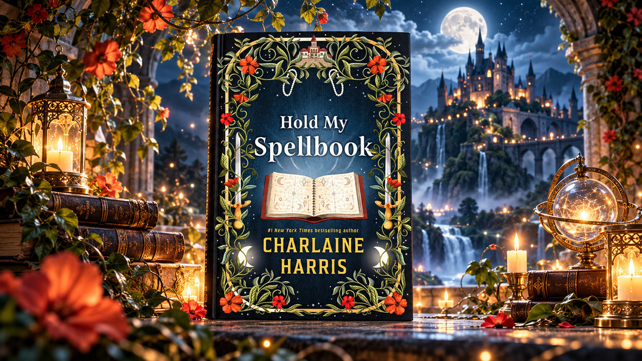 Das Buchcover von Hold My Spellbook von Charlaine Harris steht in einer magischen Fantasylandschaft mit leuchtenden Kerzen, alten Zauberbüchern, Blumenranken und einem märchenhaften Schloss im Mondschein.