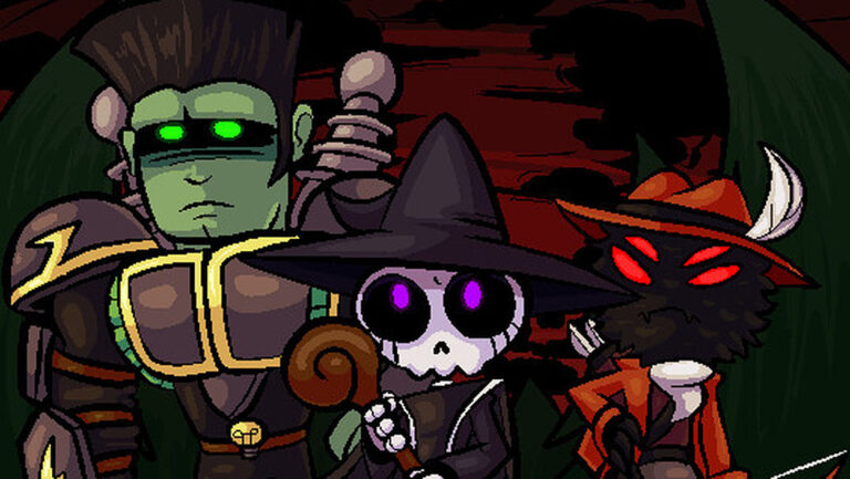 Pixelart-Motiv aus HorrorVale mit drei Horrorfiguren: links ein grünhäutiger, gepanzerter Untoter mit leuchtend grünen Augen, in der Mitte eine kleine Skelettfigur mit violetten Augen und großem Hexenhut, rechts eine dunkle, gehörnte Kreatur mit rot leuchtenden Augen und orangefarbenem Hut.