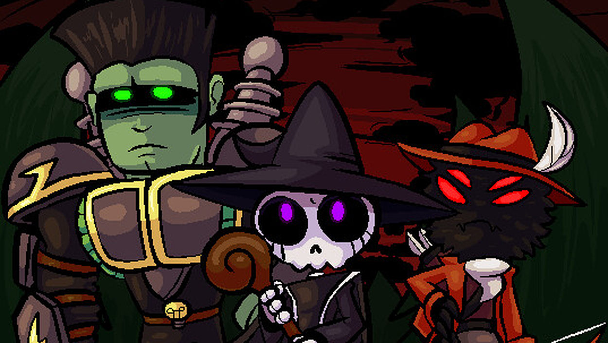 Pixelart-Motiv aus HorrorVale mit drei Horrorfiguren: links ein grünhäutiger, gepanzerter Untoter mit leuchtend grünen Augen, in der Mitte eine kleine Skelettfigur mit violetten Augen und großem Hexenhut, rechts eine dunkle, gehörnte Kreatur mit rot leuchtenden Augen und orangefarbenem Hut.
