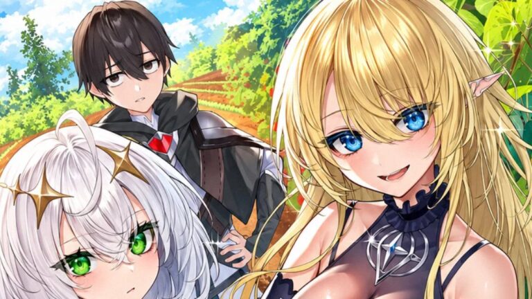 Allen steht mit zwei jungen Fantasyfiguren vor einer hellen ländlichen Kulisse im Motiv zu I Can’t Exploit Them Because of Their High Expectations and Evaluation.