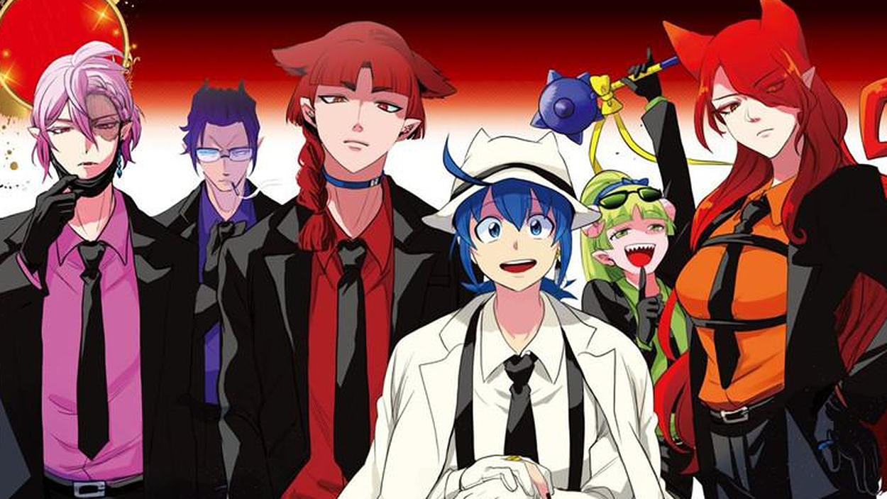 Offizielles Anime-Motiv zu Welcome to Demon School! Iruma-kun: IruMafia Edition. Iruma trägt einen eleganten weißen Mafiaanzug mit passendem Hut und steht im Mittelpunkt einer Gruppe bekannter Figuren. Seine Begleiter tragen überwiegend dunkle Anzüge und elegante Kleidung. Gemeinsam posieren sie auf einer prächtigen Treppe vor einer herrschaftlichen Kulisse.