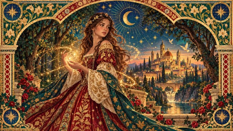 Junge Frau in prunkvollem Kleid steht in einem goldornamentierten Fantasyrahmen vor einer märchenhaften Stadt und hält leuchtende Magie in den Händen.