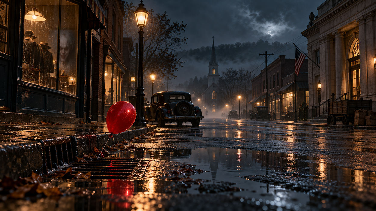 Geheimnisvolle Regennacht mit rotem Ballon in einer düsteren Kleinstadtstraße, inspiriert von IT: Welcome to Derry.