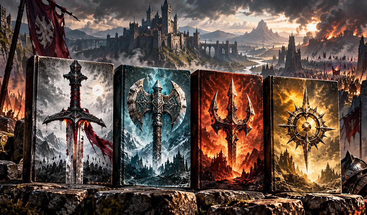 Vier symbolische Fantasybuchcover ohne Schrift zeigen ein schwarzes Schwert, eine silberne Doppelaxt, einen feurigen Dreizack und ein goldenes Sonnensymbol. Dahinter erstreckt sich eine epische Landschaft mit gewaltiger Burg, marschierenden Armeen und brennenden Festungen.