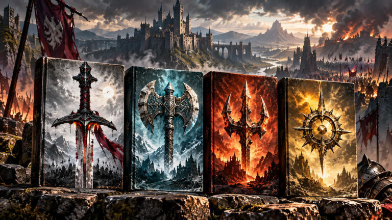Vier symbolische Fantasybuchcover ohne Schrift zeigen ein schwarzes Schwert, eine silberne Doppelaxt, einen feurigen Dreizack und ein goldenes Sonnensymbol. Dahinter erstreckt sich eine epische Landschaft mit gewaltiger Burg, marschierenden Armeen und brennenden Festungen.