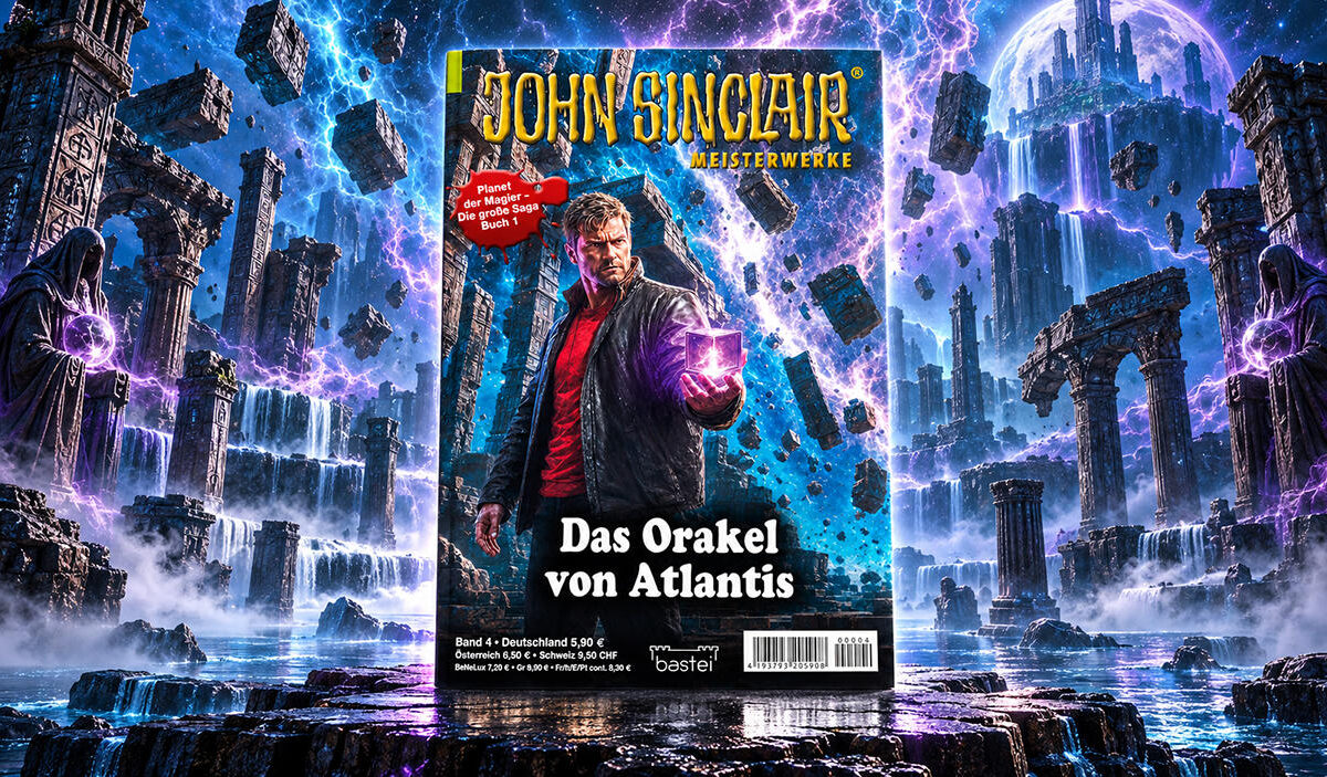 Das Cover von John Sinclair Meisterwerke – Das Orakel von Atlantis steht in einer fantastischen Ruinenlandschaft. John Sinclair hält auf dem Heftcover einen violett leuchtenden Würfel. Ringsum schweben antike Steinblöcke zwischen Säulen, Wasserfällen und magischen Blitzen. Zwei dunkle Kapuzengestalten flankieren die Szenerie.
