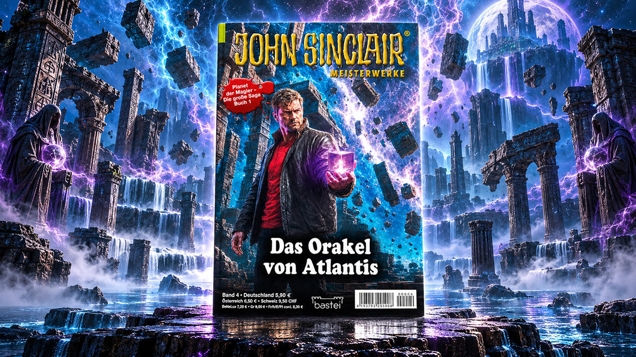 Das Cover von John Sinclair Meisterwerke – Das Orakel von Atlantis steht in einer fantastischen Ruinenlandschaft. John Sinclair hält auf dem Heftcover einen violett leuchtenden Würfel. Ringsum schweben antike Steinblöcke zwischen Säulen, Wasserfällen und magischen Blitzen. Zwei dunkle Kapuzengestalten flankieren die Szenerie.