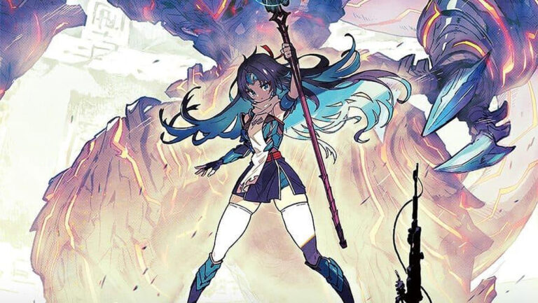 Offizielles Anime-Motiv zu Kaiju Decode: The Ring of Aidara. Das Mädchen Coco streckt dem riesigen Kaiju Giila vorsichtig die Hand entgegen und begegnet der gewaltigen Kreatur in einer futuristischen Welt.