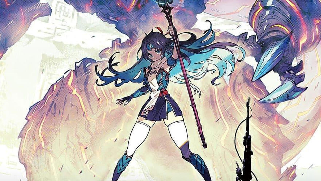 Offizielles Anime-Motiv zu Kaiju Decode: The Ring of Aidara. Das Mädchen Coco streckt dem riesigen Kaiju Giila vorsichtig die Hand entgegen und begegnet der gewaltigen Kreatur in einer futuristischen Welt.