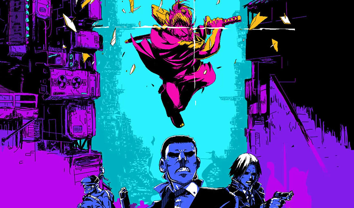 Neonfarbenes Artwork zu Katana ZERO: Ein Schwertkämpfer in pinkfarbener Kleidung springt mit gezogenem Katana durch eine futuristische Straßenschlucht. Unter ihm stehen drei blau dargestellte bewaffnete Figuren vor türkisfarbenem Hintergrund.