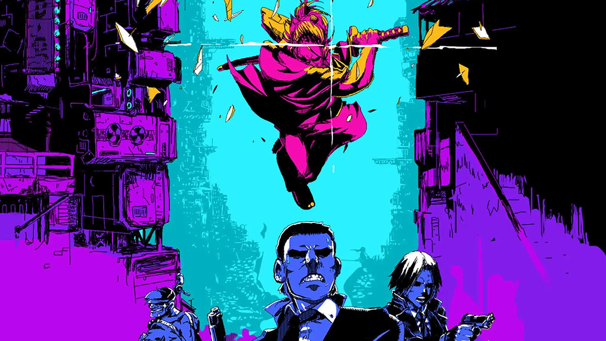 Neonfarbenes Artwork zu Katana ZERO: Ein Schwertkämpfer in pinkfarbener Kleidung springt mit gezogenem Katana durch eine futuristische Straßenschlucht. Unter ihm stehen drei blau dargestellte bewaffnete Figuren vor türkisfarbenem Hintergrund.