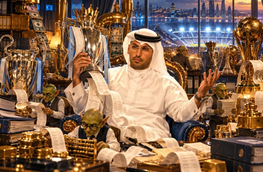 Khaldoon-Al-Mubarak-artiger Fußballboss sitzt in einem goldenen Finanzpalast zwischen Pokalen, endlosen Kassenbons, Buchhalterkobolden und einem Stadion im Hintergrund.