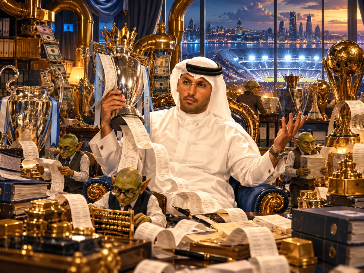 Khaldoon-Al-Mubarak-artiger Fußballboss sitzt in einem goldenen Finanzpalast zwischen Pokalen, endlosen Kassenbons, Buchhalterkobolden und einem Stadion im Hintergrund.