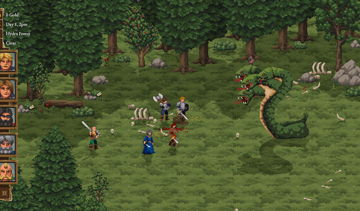 Gameplay-Screenshot aus Lair of the Leviathan: Fünf Fantasyhelden mit Schwertern, Axt und Magie stehen einer riesigen grünen, dreiköpfigen Hydra in einem Wald gegenüber. Links sind die Charakterporträts der Abenteurergruppe zu sehen.