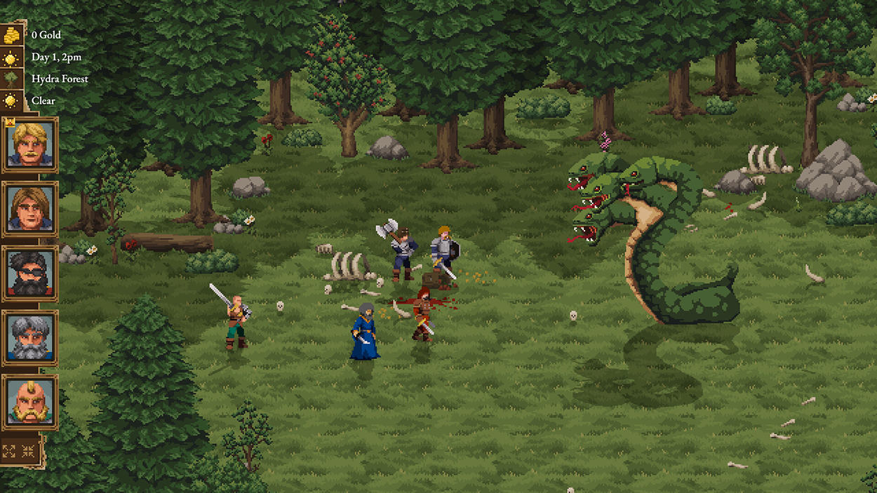 Gameplay-Screenshot aus Lair of the Leviathan: Fünf Fantasyhelden mit Schwertern, Axt und Magie stehen einer riesigen grünen, dreiköpfigen Hydra in einem Wald gegenüber. Links sind die Charakterporträts der Abenteurergruppe zu sehen.