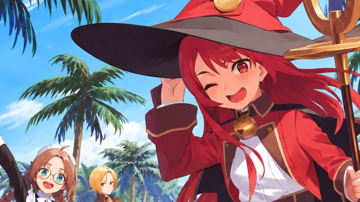 Rothaarige Magierin mit großem Hexenhut steht vor Nina und weiteren Gefährtinnen im Anime Looks like a Job for a Maid!.