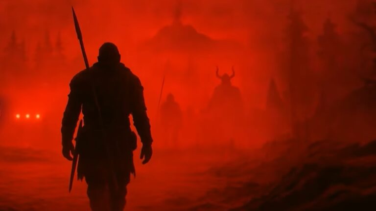 Ein bewaffneter Wikinger geht durch roten Nebel auf mehrere schemenhafte Gestalten und eine gehörnte Erscheinung zu.
