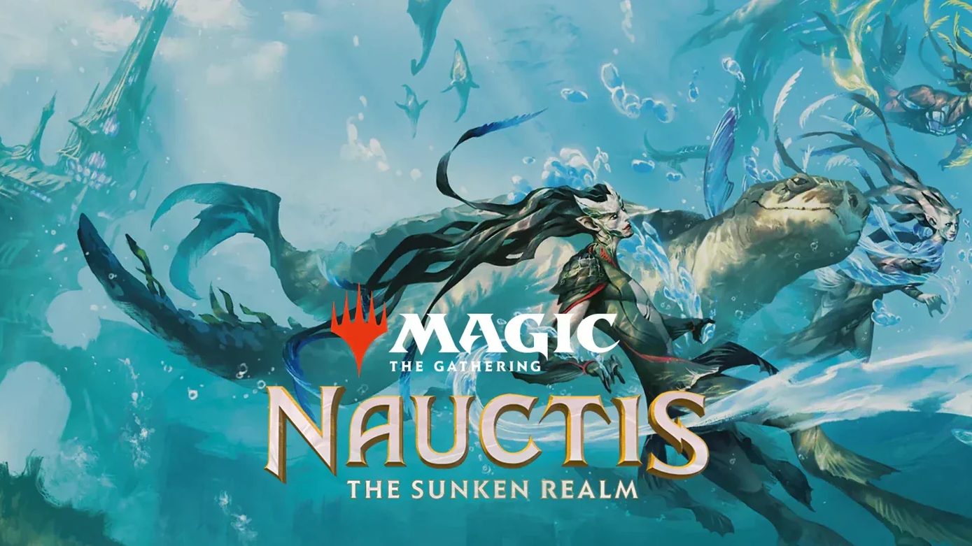 Unterwasser-Artwork zu Magic: The Gathering – Nauctis: The Sunken Realm mit Meereswesen und dem Logo des Fantasy-Sets.