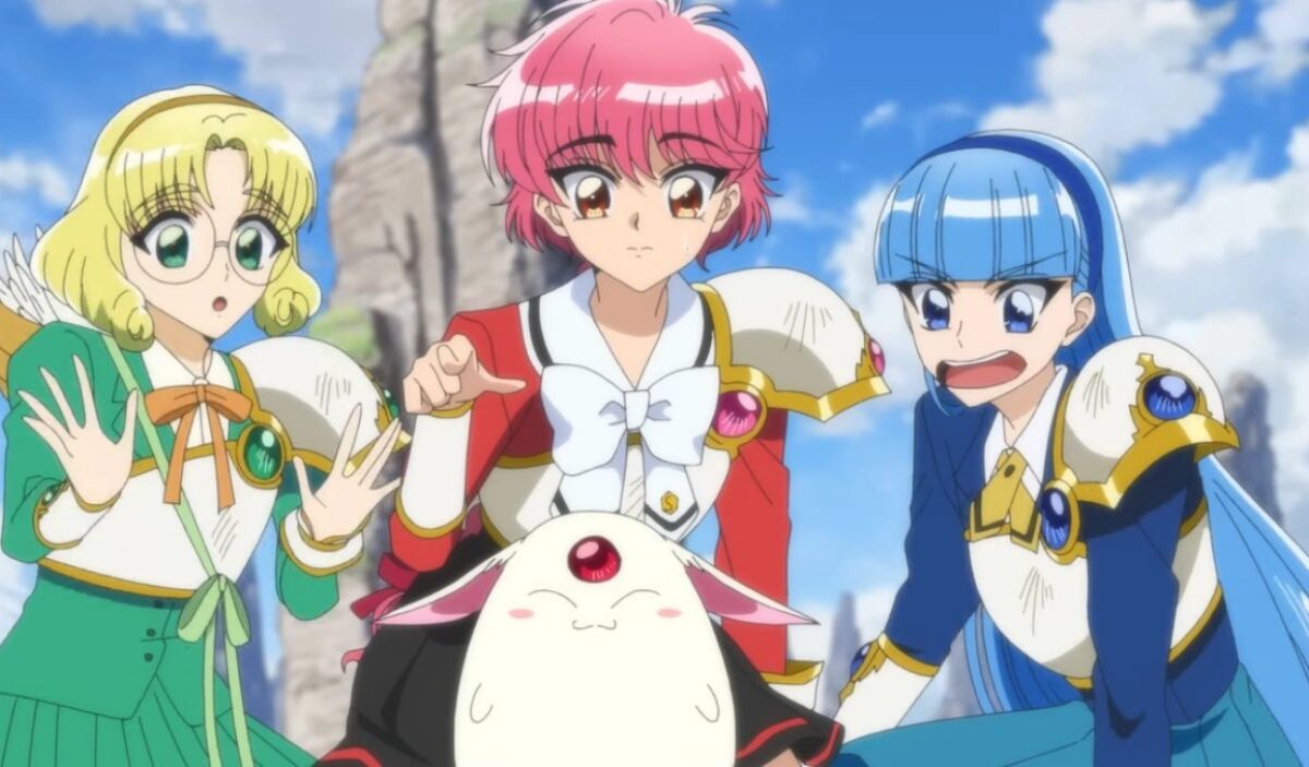 Hikaru Shidou, Fuu Hououji und Umi Ryuuzaki stehen gemeinsam mit Mokona in der Fantasywelt Cephiro.