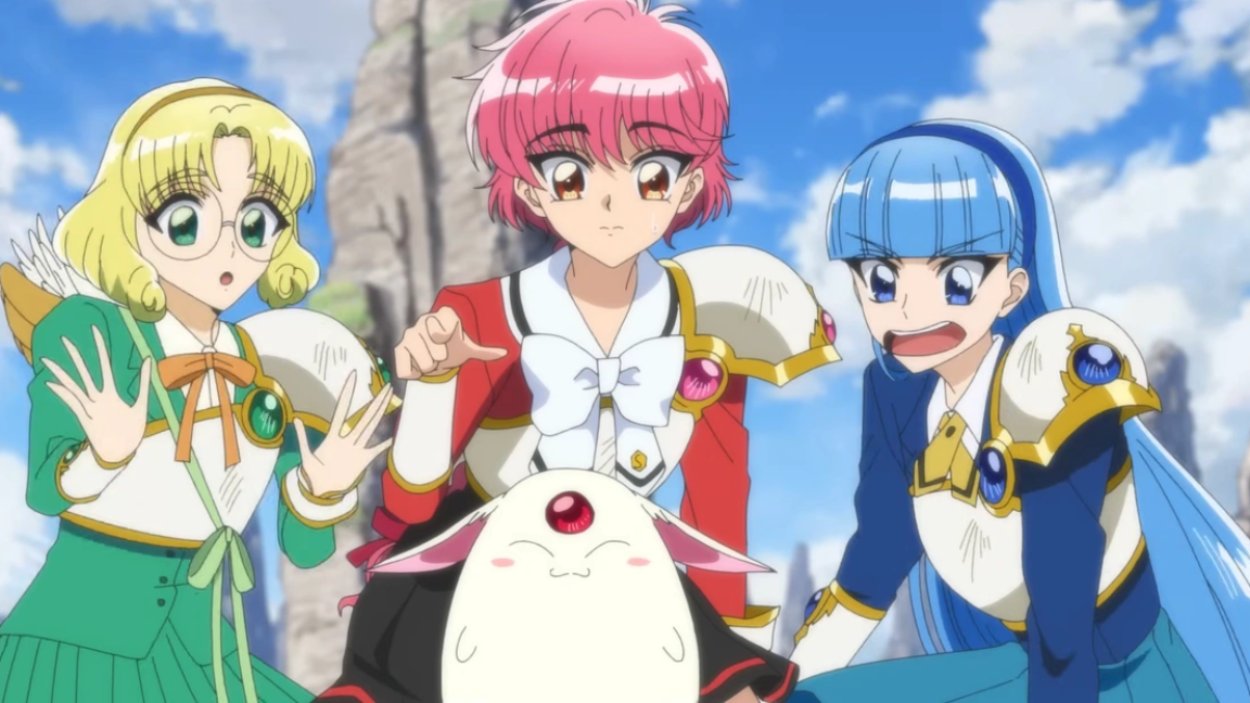 Hikaru Shidou, Fuu Hououji und Umi Ryuuzaki stehen gemeinsam mit Mokona in der Fantasywelt Cephiro.