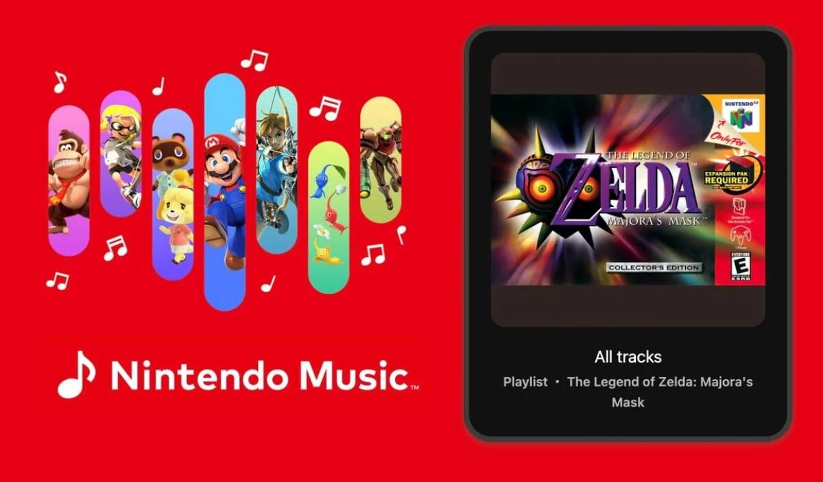 Promomotiv von Nintendo Music mit Figuren aus Nintendo-Spielen und der Playlist zu The Legend of Zelda: Majora’s Mask auf einem Smartphone.