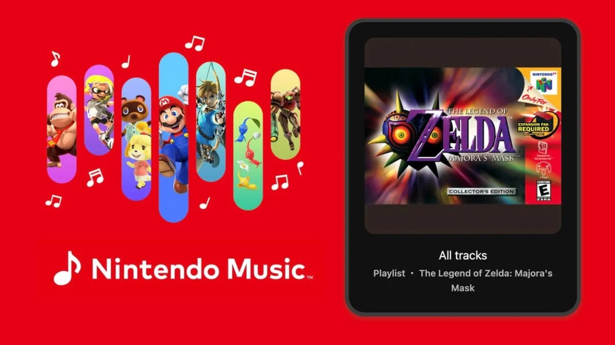 Promomotiv von Nintendo Music mit Figuren aus Nintendo-Spielen und der Playlist zu The Legend of Zelda: Majora’s Mask auf einem Smartphone.